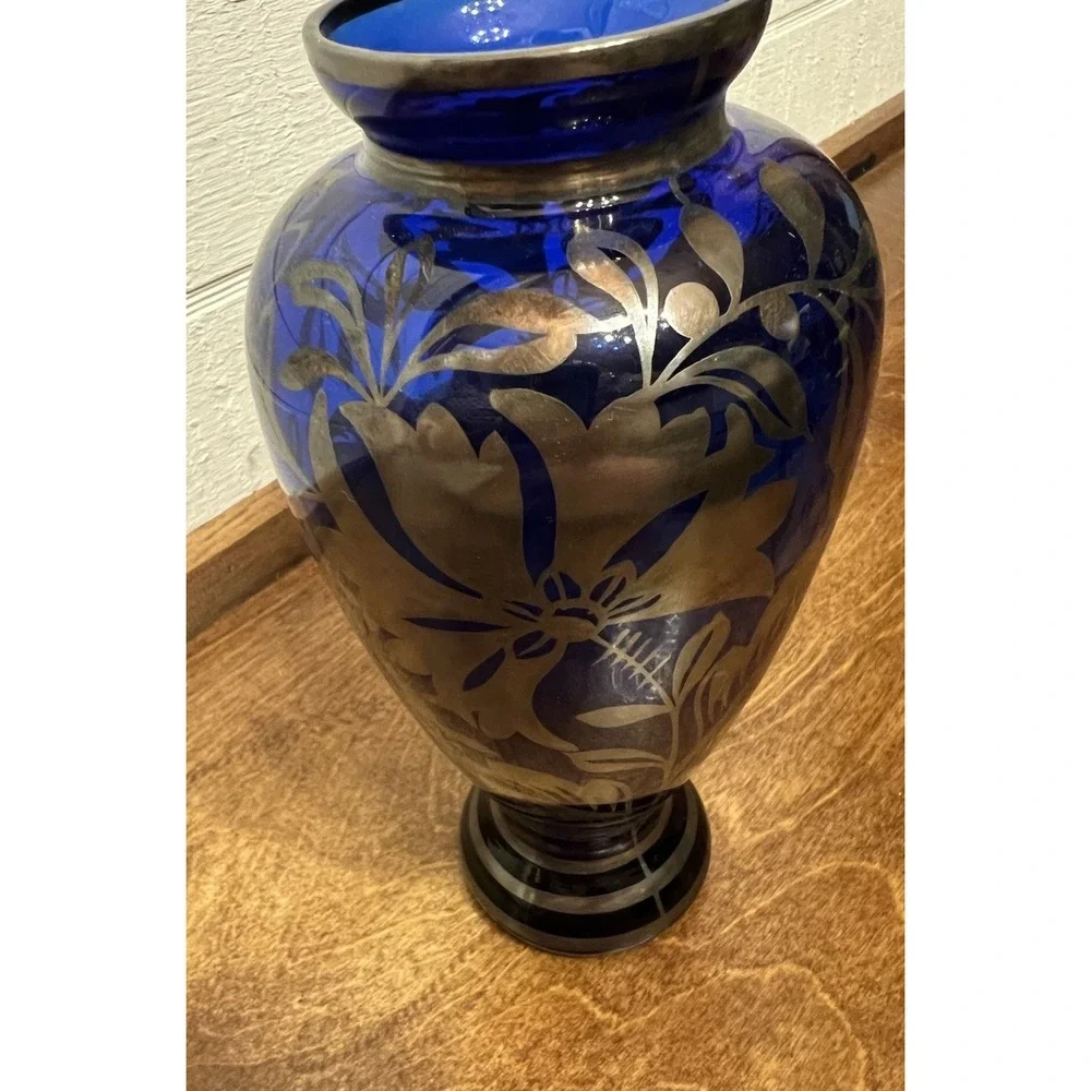 Vntg Silver Deposit Overlay Bud Vase Cobalt Blue Italian Floral 8.75